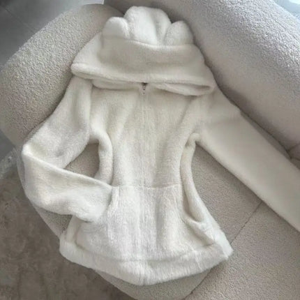 2025 Kawaii Plush Hoodie Women Bear Ear Zip Jacket Soft Warm Fleece Coat Korean Sweet Girl Winter Outerwear Cute Fashion Trend