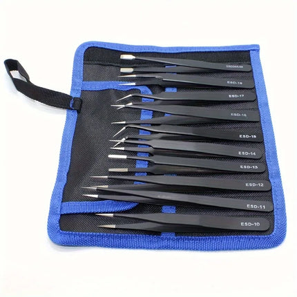 1set Canvas bag leather cover stainless steel black tweezers set anti-static precision pointed 1.5mm nail graft repair