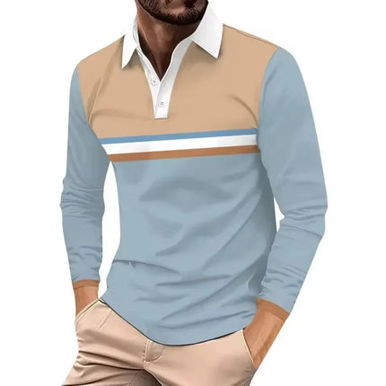 3D Printed Polo Shirt with Contrasting Colors, Simple and Fashionable Collar, Men's Top, Street Sports Long Sleeved Shirt