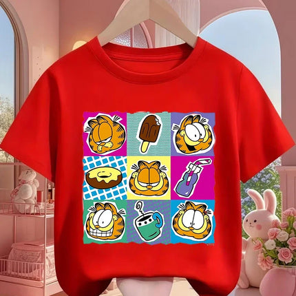 Garfield Cartoon Crew Neck T Shirt Children Boys Girls Summer Cute Kawaii Fashion Street Casual Tops 3-14 Years