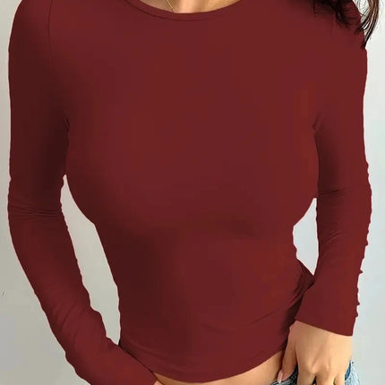 2026 Summer Solid Crew Neck T-Shirt Casual Long Sleeve Top For Spring & Fall,Women's Clothing