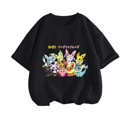 2026 Summer Pokemon Eeveelutions & Kirby Group Print T-Shirt, 100% Cotton Loose Casual Oversized Tee for Adults & Kids Y2k