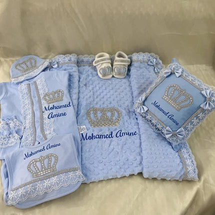 5pcs Handmade DIY Vinyl Name Personalized Baby Girl Newborn Jewels Crown Pink Take Me Home Layette 5 Piece Deluxe Gift Set