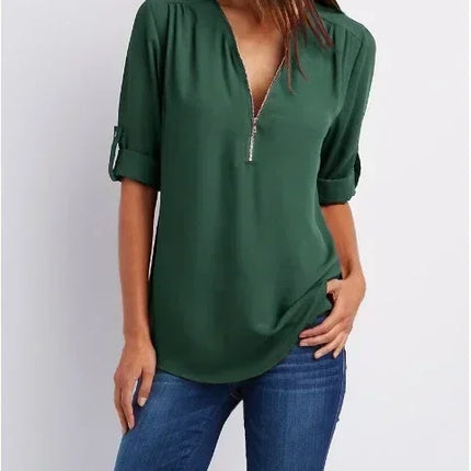 Summer Women Cool Loose Shirt Deep V Neck Chiffon Blouse Casual Ladies Tops Sexy Zipper Pullover Plus Size Long Sleeve Fashion