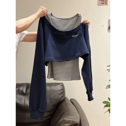 Xia Zhenhua Gray Off-shoulder Long-sleeved Striped Sweatshirt Women 2025 Autumn Design Matching Vest Two-piece Set