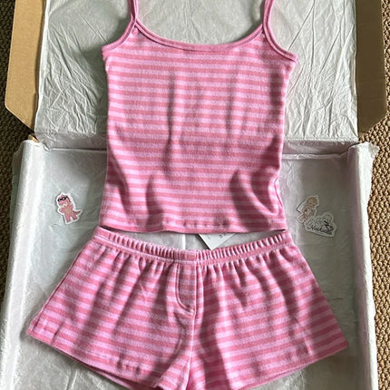 Pink Striped Collection Tshirt Women Simple Casual Cotton Buttons T-shirts Sweet Cute Preppy Style Camisole+Slim Short Pants Y2K