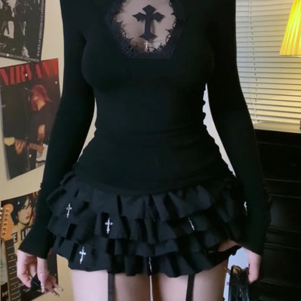Turtleneck Top Y2k Clothes Black Gothic Cross Hollow Slimming Bottom T Shirt for Women Long Sleeve Sexy T-shirt Girls Tops