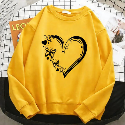 Fashion Y2k Heart with Butterfly Womens Hoodies Warm Fleece Sweatshirt Soft Breathable O-Neck Pullover Casual Female Clothes