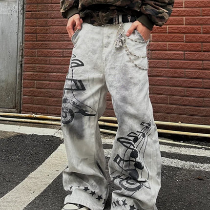 2026 American Retro Y2K Style Dirty Washed White Baggy Jeans Pants For Men Clothing Star Printed Straight Cotton Long Trousers