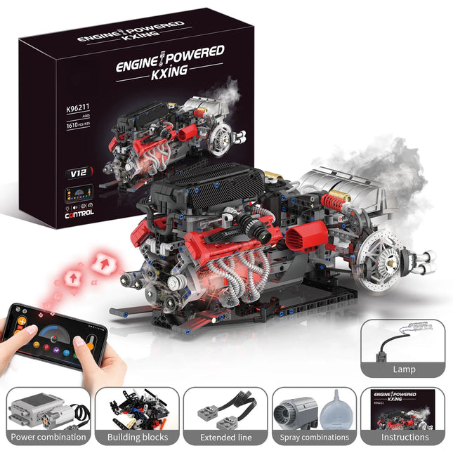 1610 pcs V12 Engine Building Blocks Assembly Model Set - APP remote control programmable MOC Kit with lights and spray