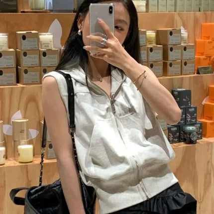 2026 Zipper Pocket Design Women Crop Top Y2k Aesthetic Vintage Grunge Solid Hoodies Japanese Streetwear Hooded Tee Shirts Summer