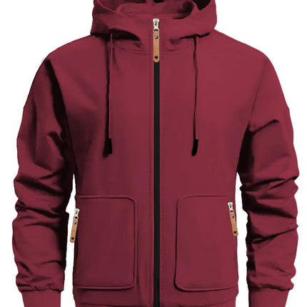 Men Full Zip Hooded Jacket Waffle Grid Texture Solid Color Zipper Pocket Long Sleeve Casual Outdoor Sweatshirt Coat