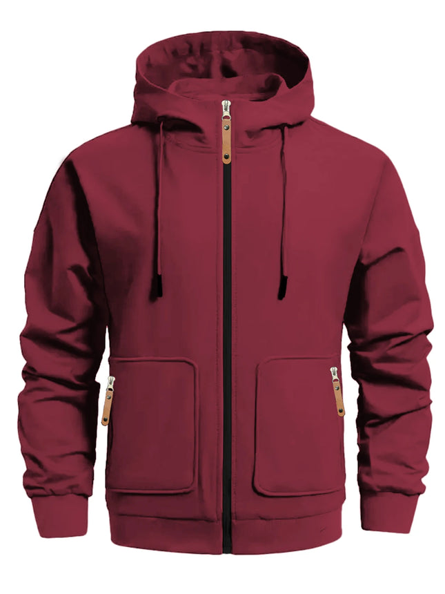 Men Full Zip Hooded Jacket Waffle Grid Texture Solid Color Zipper Pocket Long Sleeve Casual Outdoor Sweatshirt Coat
