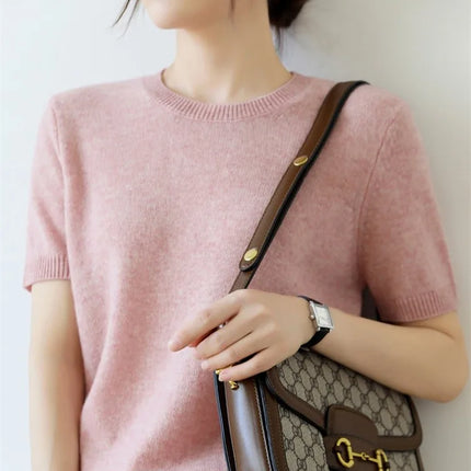 Summer New Women's Knitted Short Sleeve T-shirt Thin Wool Cashmere Short Sleeve Loose Fit Round Neck Top Outerwear Straight Cut