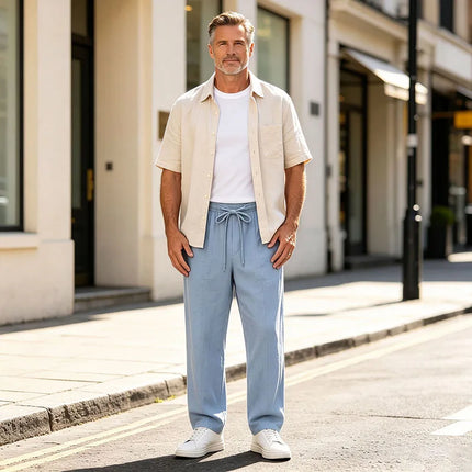 Men 2026 New Linen Straight Leg Pants Elastic Drawstring Waist Breathable Summer Beach Holiday Travel Casual Trousers