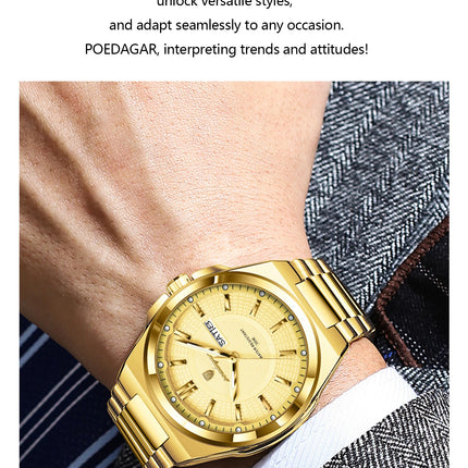 POEDAGAR Luxury Business Men's Watches Stainless Steel Waterproof Luminous Men's Watch Date Week Quartz Original Men's Wristwatches