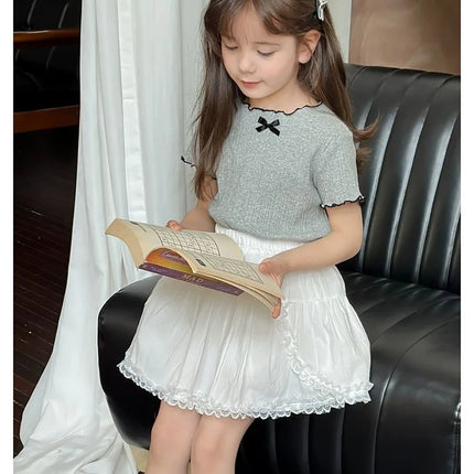 Girls' Ice Silk T-shirt Korean Style Short Sleeve Tops Children's Clothes 2025 Girl Summer Teen Kids Bow Round Neck Solid Tops