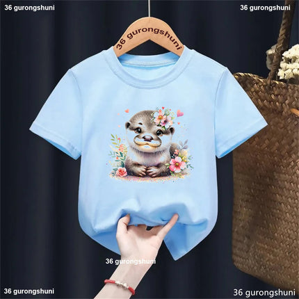 Harajuku Kawaii Kids Clothes Funny Otter Love Flowers Animal Printed T-shirt Girls/Boys Summer Fashion T-shirt Tops