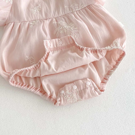 Summer new baby girl jumpsuit cute bubble sleeve embroidered cotton jumpsuit, comfortable children's clothing suitable for 0-2 y
