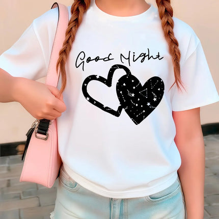 Good Night with Love Heart T-Shirts Short Sleeve Kids Children's T-shirt Boys Girls Summer Spring Casual Top Tee Shirt