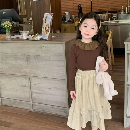 1-12 Years Long-Sleeved Shirts Children's Spring Knitted Tops Baby's Lace 2025 Lace Base Shirt Korean Girls Ruffle Collar T-shirt