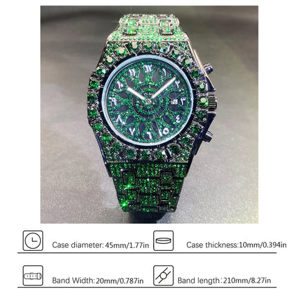 MISSFOX Hip Hop Wristwatch For Men Luxury lce Out Full Diamond Watches Fashion Green Watch Wterproof Week Display Clock 2025