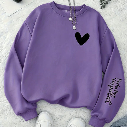 Women Perfectly Imperfect Letter Print Sweatshirt Cute Heart Crew Neck Pullover Casual Soft Fleece Long Sleeve Girls Streetwear