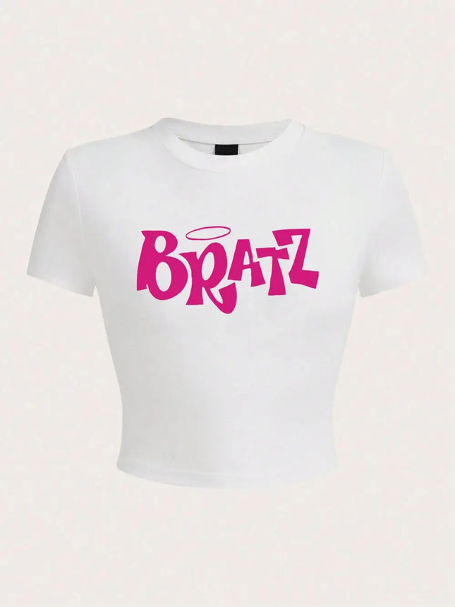 Personality Womens Crop T-Shirt Y2K Pink Bratz Letter Prints Short Sleeve High Elastic Soft O-Neck Tees Sexy Club Female Clothes