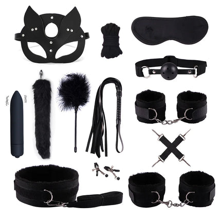 Adult Erotic Nylon Bondage BDSM Kit with Handcuffs Sex Whip Mouth Gag Soft Fox Tail Anal Plug for Women Sexy Games