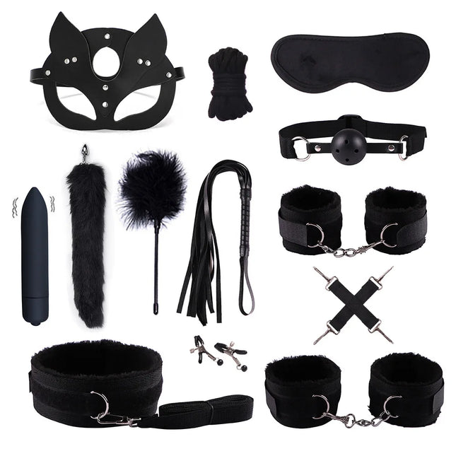 Adult Erotic Nylon Bondage BDSM Kit with Handcuffs Sex Whip Mouth Gag Soft Fox Tail Anal Plug for Women Sexy Games
