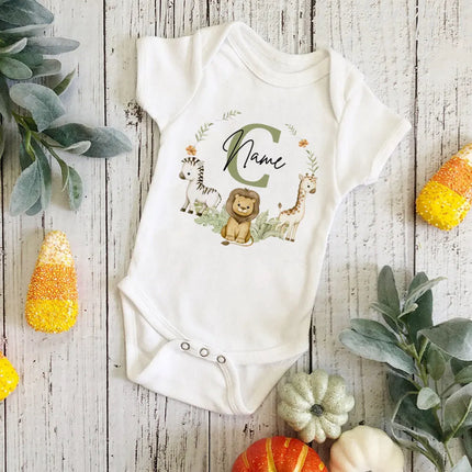 Personalized Baby Jumpsuit Custom Name Newborn Wild One Romper Safari Animals Print Outfit Baby Girls Clothes Infant Shower Gift