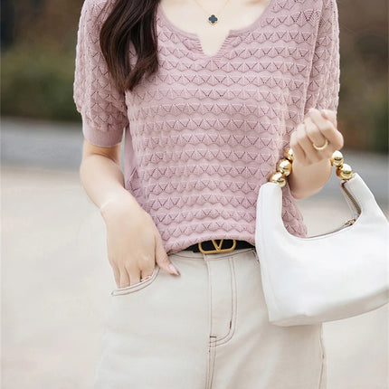 Women's T-shirt Summer New 100% Pure Cotton Tees Casual Solid Knitted Short sleeved V-neck Pullover Loose Tops Fashion Sweater