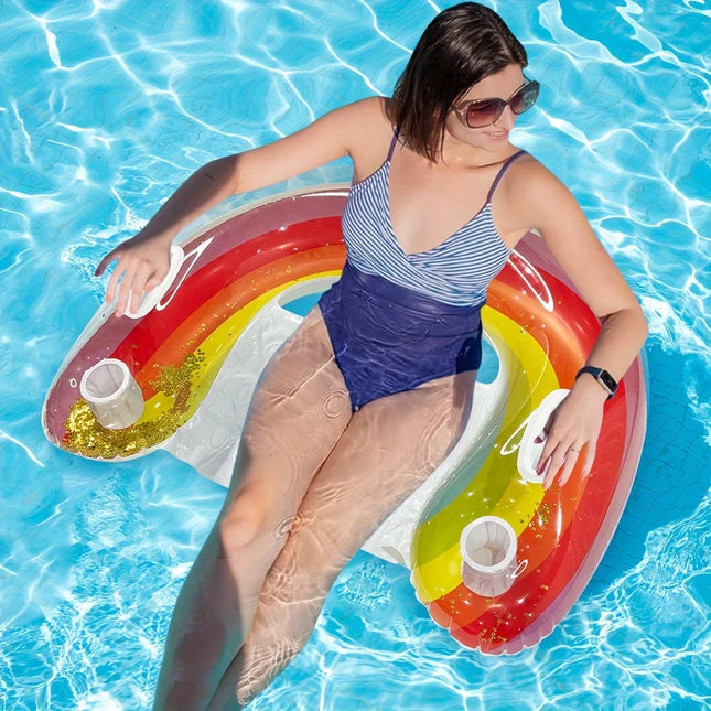 1pc Inflatable U-Shaped Rainbow Glitter Toy ,Water Lounger Sofa, Foldable Floating Bed, Suitable For Pool Party,gift,outdoor