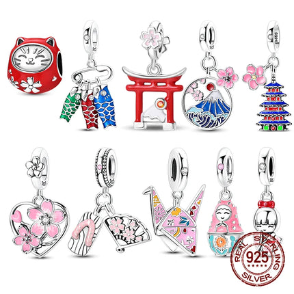 925 Sterling Silver Japanese Koinobori Senbazuru Mount Fuji Souvenir Pendant Fit Original Charm Bracelets Women DIY Jewelry Gift