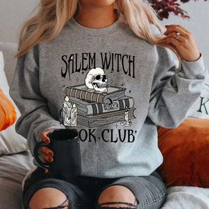 Salem Witch Book Club Sweatshirt Funny Halloween Hoodie Long Sleeve Women Crewneck Sweatshirts Happy Halloween Pullover Tops