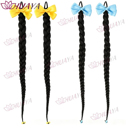 2‑Pack Women's Synthetic 24‑Inch Long Black Braid Ponytail Hair Extensions, Bow Hair Ties, Straight Braid Hair Pieces, Re‑Stylab