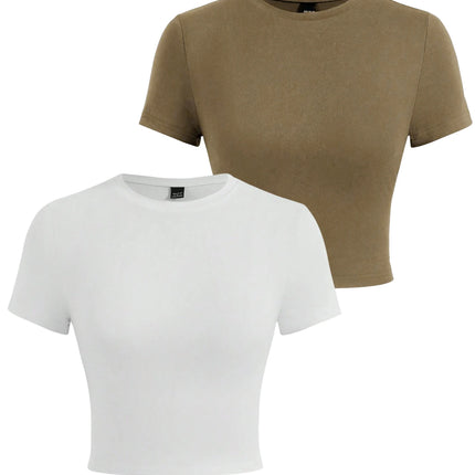 Y2K Woman Solid Cotton Crop Tops Short Sleeve High Elastic T-Shirt Soft O-Neck Sporty Tees Summer Street Fashion Female Clothes