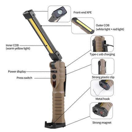 Folding COB Work Light LED Flashlight with Built-in Battery Lamp Torch Emergency Car repair Lamp Red SOS Strobe Camping lantern