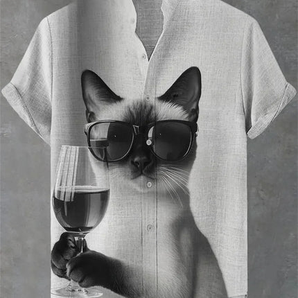 New Healing Style Linen Short Sleeved Shirt for Men, Retro Black Cat, Goldfish 3D Printed Casual Top Clothing