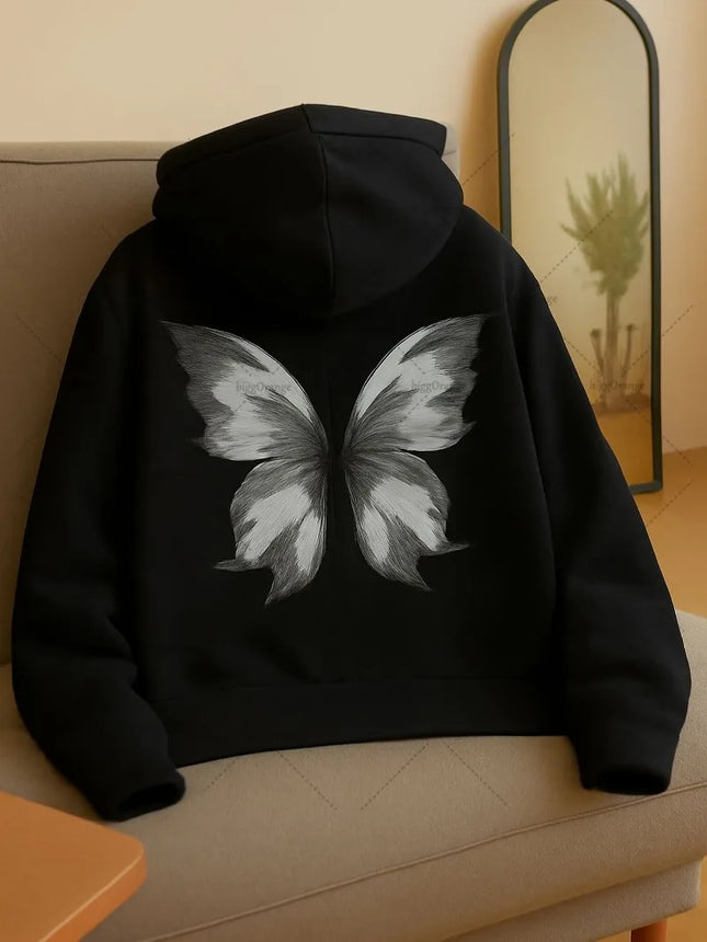 American New Harajuku Retro Butterfly Pattern Print Casual Loose Hoodie Women Soft Fashion Sweatshirt Autumn Women's Clothing