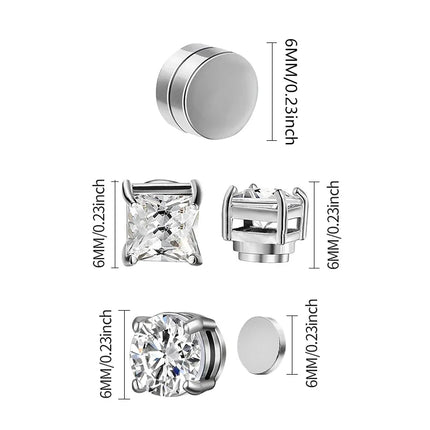 1/3Pairs 6MM Crystal Magnetic No-Pierce Stainless Steel Stud Earrings for Men Punk Zircon Magnet Earrings Non Piercing Jewelry