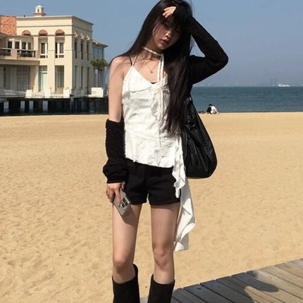 Unique SEI Korean Style Summer Irregular Lace Trim Splice Slimming Strap Top Rivet Denim Shorts Women's Commute Straight Leg Fit