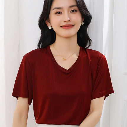2026 Summer New Women's T-shirt V-neck Knitted Women's Short Sleeve High end Acetate Fiber White Fashion Women's Top