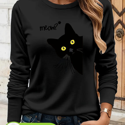 Cotton Long Sleeve T-Shirt Black Cat Graphic Soft Everyday Basic Top Tee Women Funny Long-sleeved T-Shirt
