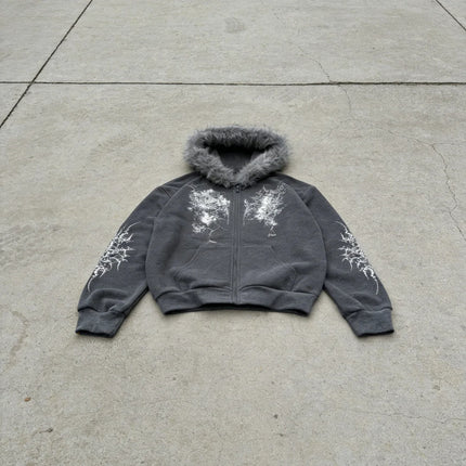 Women Pink Faux Fur Trim Glitter Thorn Print Zip Up Hoodie 2026 Y2K Sweet Cool Oversized Hooded Sweatshirt
