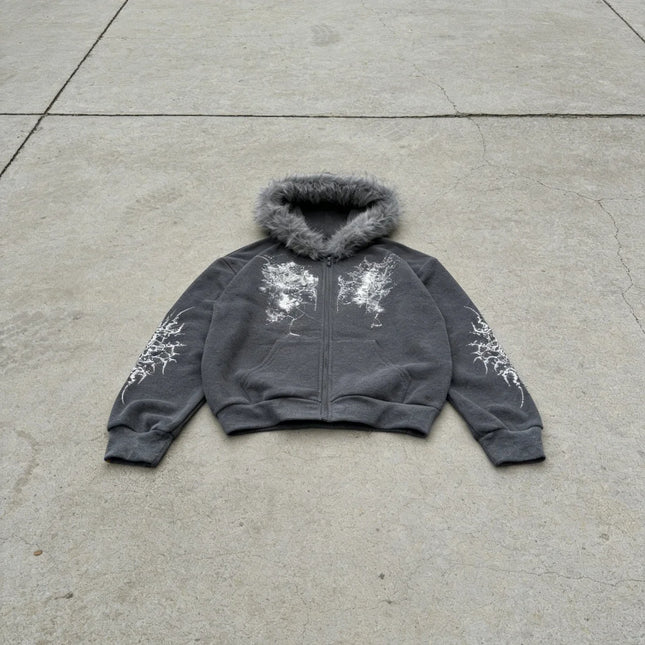 Women Pink Faux Fur Trim Glitter Thorn Print Zip Up Hoodie 2026 Y2K Sweet Cool Oversized Hooded Sweatshirt
