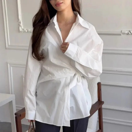 Women's New Shirt Side Waist Tie Slim Fit Casual Long Sleeve Solid Shirt 2026 New Collection Autumn Fashion Loose Ropa Mujer