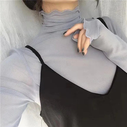 Sexy Women T Shirt See Through Transparent Mesh Tops Long Sleeve Sheer Slim Ladies Solid Turtleneck Silk T-Shirt Lace Crop Top