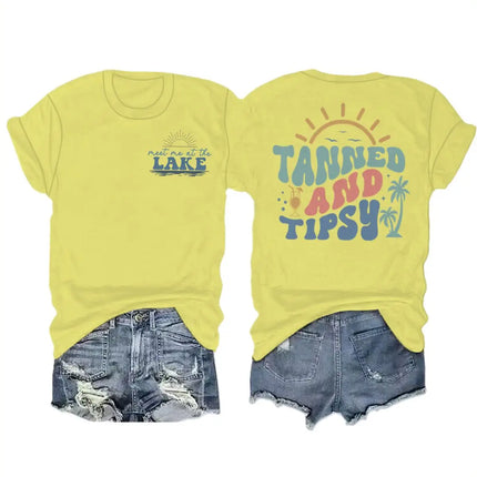 Summer Beach Series T-shirts For Women Men "Tanned And Tipsy" Vacation Trip Tshirt Crewneck Short Sleeve Casual Camisetas Mujer