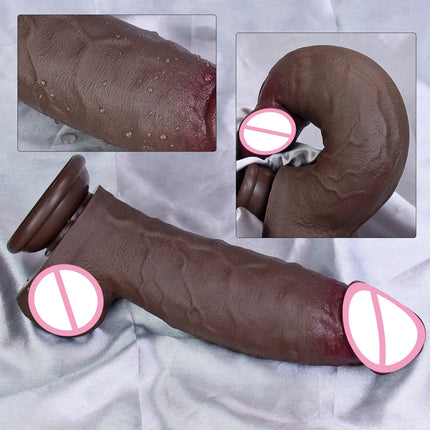 2Colors Realistic Veins Soft Thick Dildo Double Silicone Male Genitals Masturbation Suction Cup Penis Man Woman Anal Sex Toy